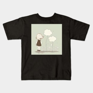 Cute Girl Flower Illustration Minimalist Kids T-Shirt